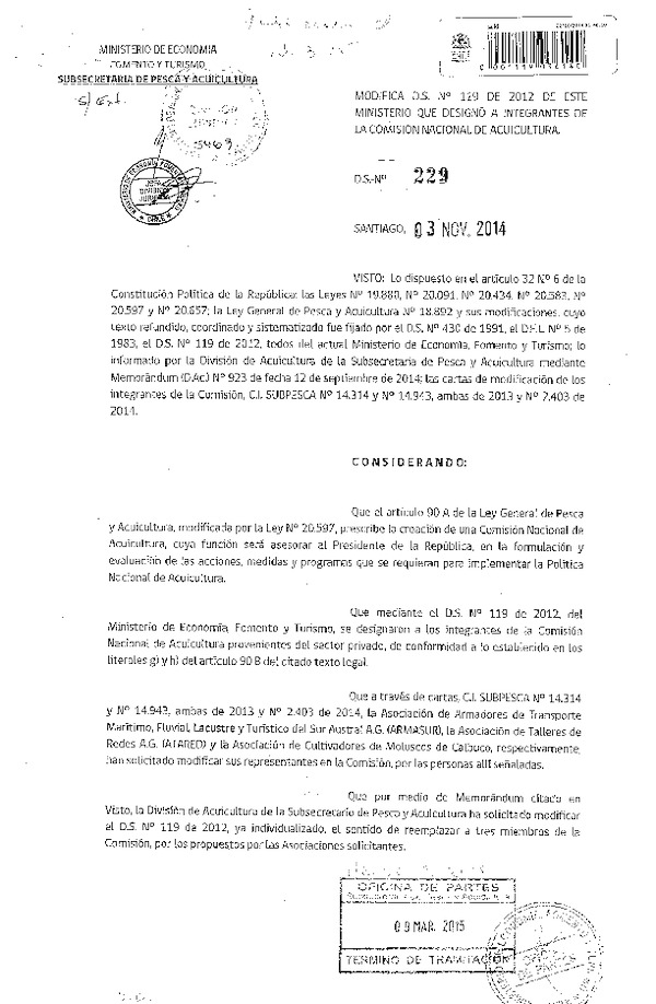 D.S. N° 229-2014 Modifica D.S. N° 119-2012 Designa Integrantes de la Comisión Nacional de Acuicultura. (Publicado en Diario Oficial 13-03-2015)