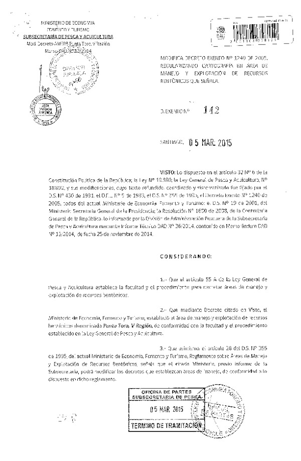 D EX N° 142-2015 Modifica D EX N° 1240-2005 Regularizando Cartografía, Punta Toro V Región. (Publicado en Diario Oficial 13-03-2015)