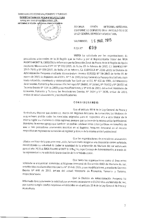 R EX N° 699-2015 Autoriza cesión Merluza del sur XI a X Región.