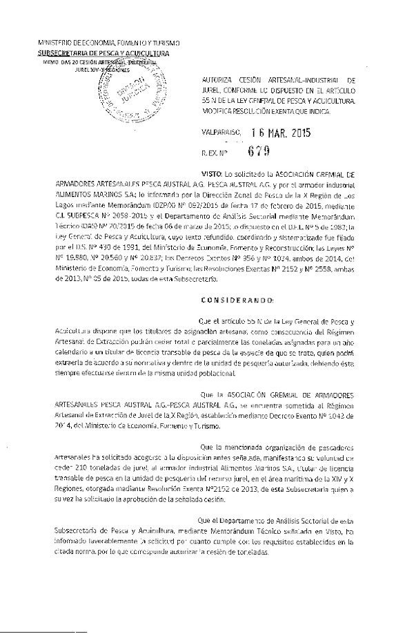 R EX N° 679-2015 Autoriza Cesión Jurel XIV-X Región.