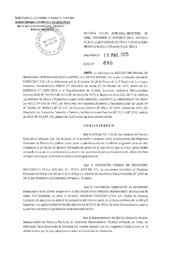 R EX N° 680-2015 Autoriza cesión Jurel XIV-X Región.