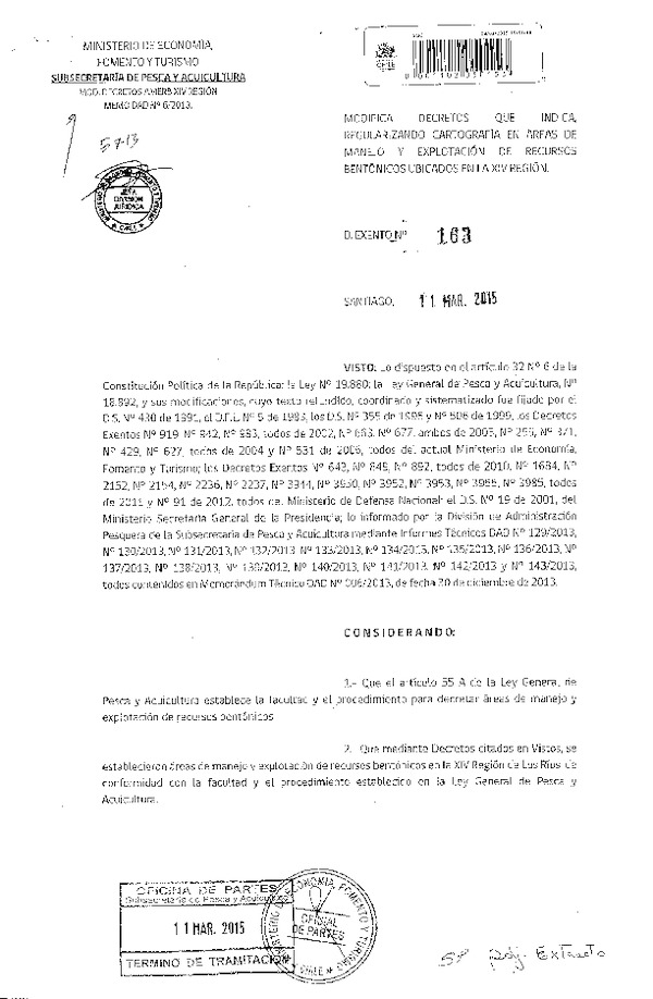 D EX N° 163-2015 Modifica Decretos que Indica, Regularizando Cartografía en Áreas de Manejo Ubicadas en la XIV Región. (Publicado en Diario Oficial 17-03-2015)