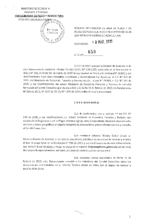 R EX N° 659-2015 Renueva Declaración de área de Plaga y de Riesgo de Plaga que Indica, en Cuerpos de Agua de la VIII-XII Regiones. (Publicada en Diario Oficial 17-03-2015)