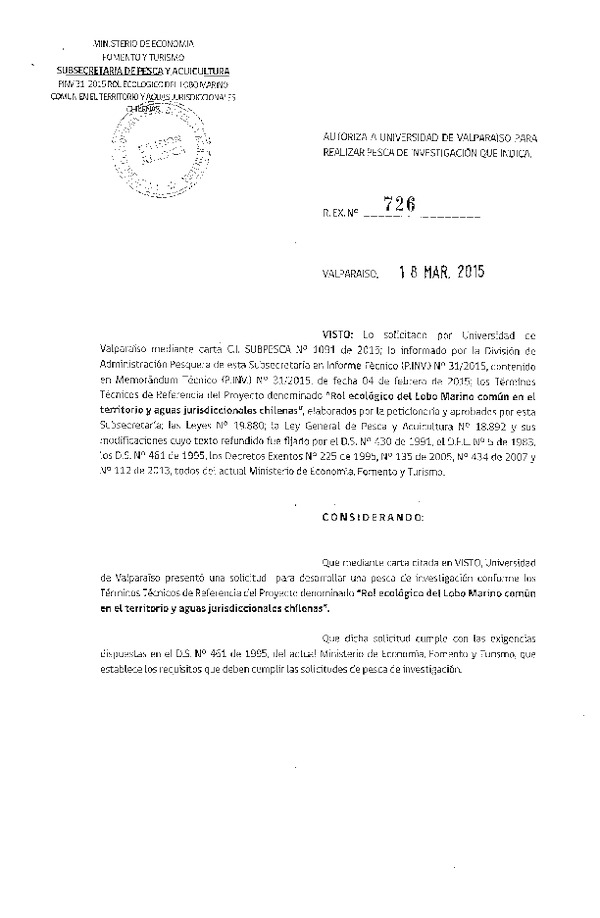 R EX N° 726-2015 Rol ecológico del Lobo Marino común XV-XII Región.