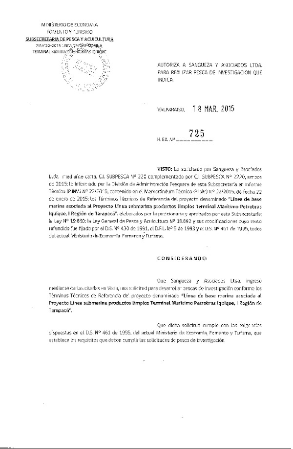 R EX N° 725-2015 Linea de base marina asociada Proyecto Línea submarina productos limpios Terminal Marítimo Petrobas Iquique, I Región de Tarapacá.