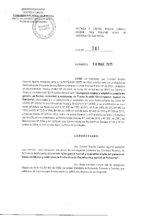 R EX N° 741-2015 Divergencia neutral y adaptativa amplia del genoma de Trucha arcoiris en Patagonia.