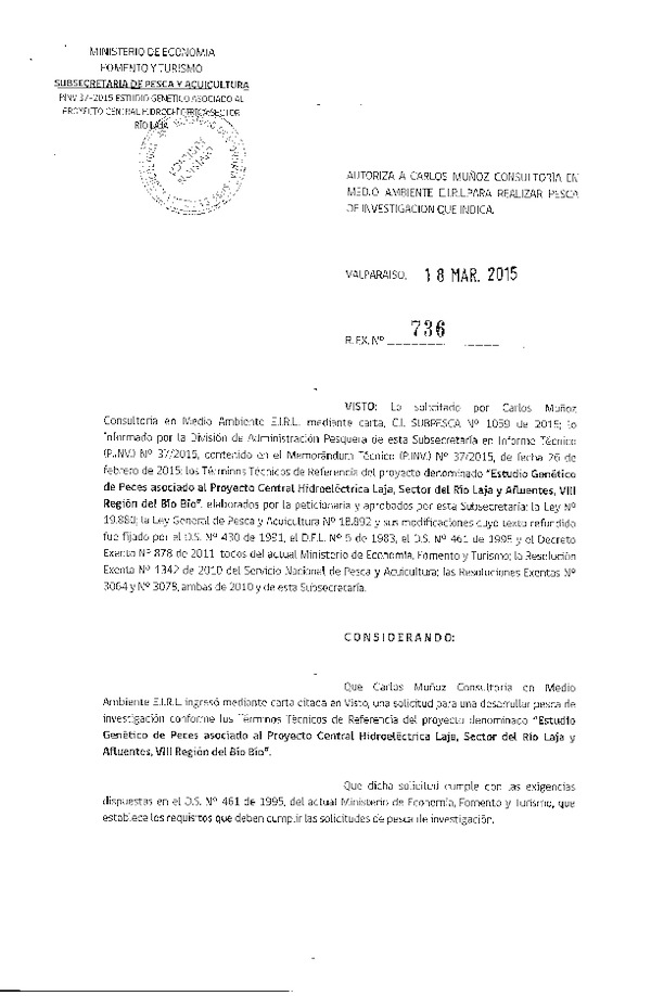 R EX N° 736-2015 Estudio Genético de peces asociados al Proyecto Central Hidroeléctrica Laja, sector Río Laja y Afluentes, VIII Región.