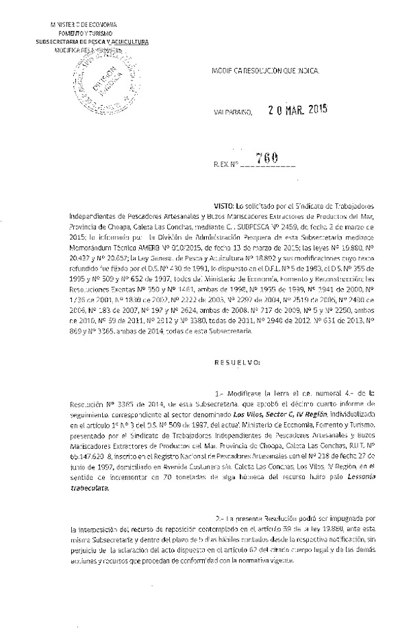 R EX N° 760-2015 MODIFICA R EX N° 3365-2014 14° SEGUIMIENTO.