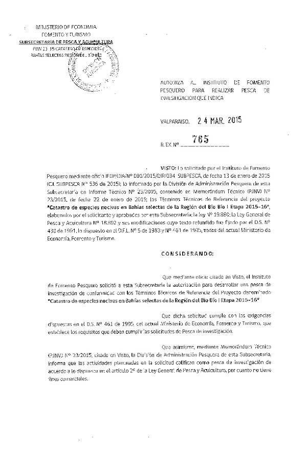 R EX N° 765-2015 Catastro de especies nocivas en Bahías selectas de la Región del Bío Bío I Etapa 2015-2016.