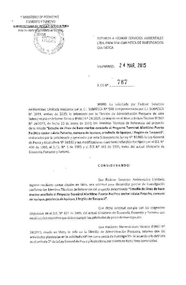 R EX N° 767-2015 Estudio de línea de base marina asociado al Proyecto Terminal Marítimo Puerto Pacífico sector Caleta Patache, comuna de Iquique, I Región.