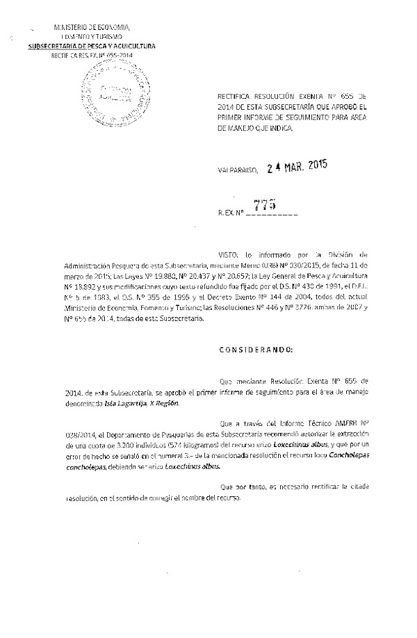 R EX N° 775-2015 RECTIFICA R EX N° 655-2014 1° SEGUIMIENTO.