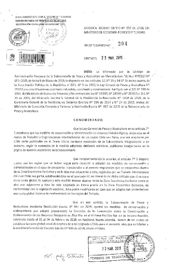 D EX N° 204-2015 Modifica D EX N° 956-2014 Establece Cuota Anual de Captura recurso Jurel XV-II, III-IV, V-IX y XIV-X, Sometidas a Licencias Transables de Pesca 2015. (Publicado en Diario Oficial 26-03-2015)