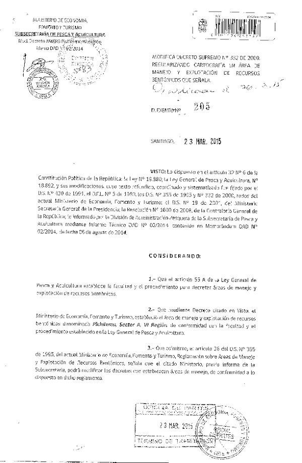 D EX N° 205-2015 Modifica D.S. N° 332-2000 Regularizando Cartografía en Área de Manejo y Explotación de Recursos Bentónicos Pichilemu Sector A, VI Región. (Publicado en Diario Oficial 26-03-2015)