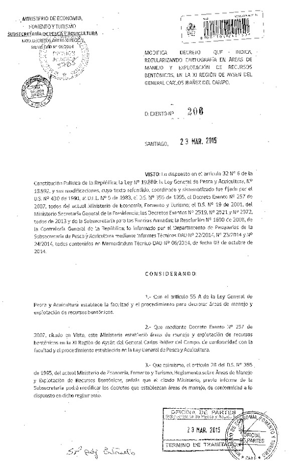 D EX N° 206-2015 Modifica D EX N° 257-2007 Regularizando Cartografía en Área de Manejo y Explotación de Recursos Bentónicos Ubicados en la XI Región. (Publicado en Diario Oficial 26-03-2015)