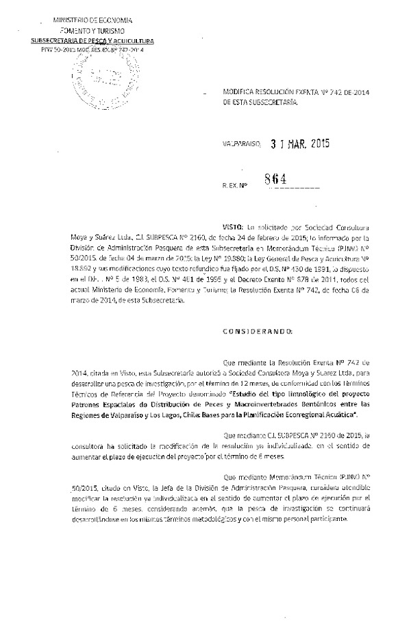 R EX N° 864-2015 Modifica R EX N° 742-2014 Estudio del tipo limnológico del proyecto Patrones especiales de distribución de peces y macroinvertebrados bentónicos V-X Región.