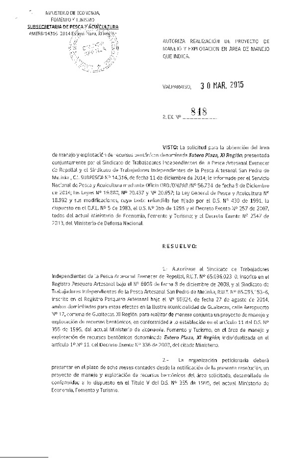 R EX N° 848-2015 PROYECTO DE MANEJO.