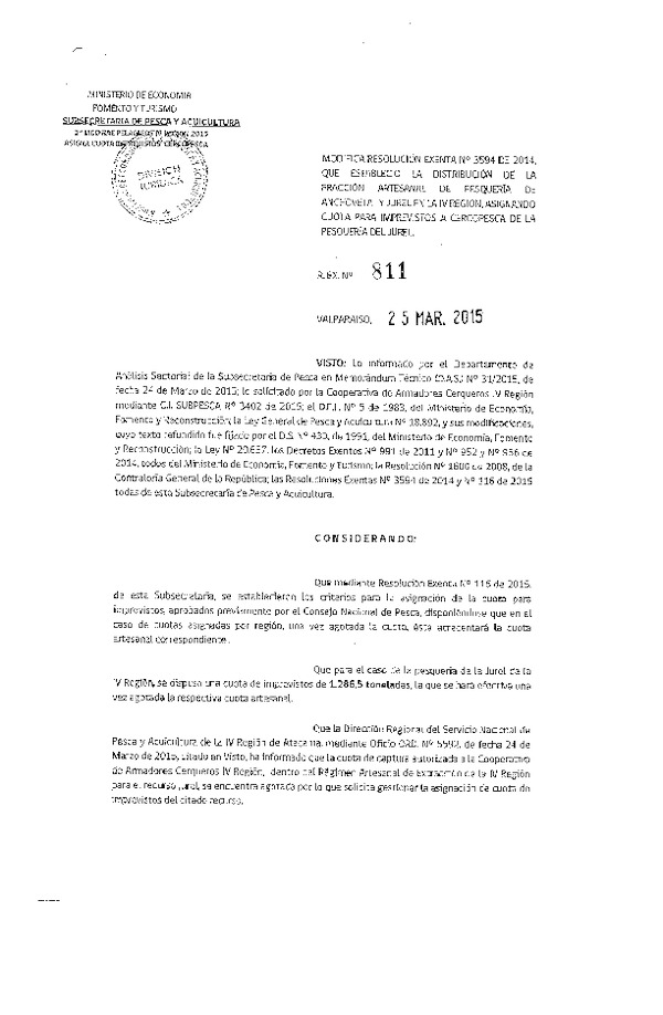 R EX N° 811-2015 Modifica R EX N° 3594-2014 Distribución de la Fracción Artesanal de la Cuota Global Anual de Captura Anchoveta y Jurel, IV Región. (Publicada en Diario Oficial 02-04-2015)