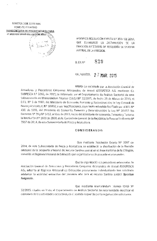 R EX N° 829-2015 Modifica R EX N° 3597-2014 Distribución de la Fracción Artesanal de Pesquería de Sardina Austral, X Región, año 2015. (Publicada en Diario Oficial 02-04-2015)
