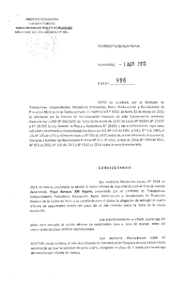 R EX N° 896-2015 PRORROGA 4° SEGUIMIENTO.