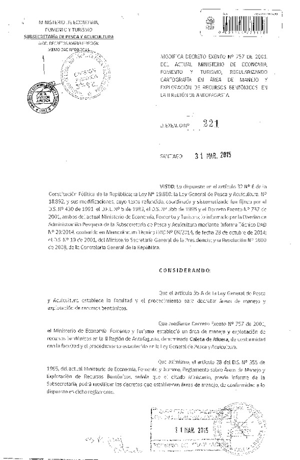 D EX N° 221-2015 MODIFICA D EX N° 757-2001, REGULARIZANDO CARTOGRAFIA, AREA DE MANEJO CALETA DE AFUERA II REGION. (Publicado en Diario Oficial 08-04-2015)