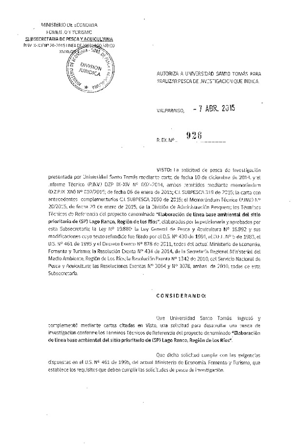 R EX N° 926-2015 Elaboración de línea base ambiental del sitio prioritario de (SP) Lago Ranco, Región de lo Ríos.