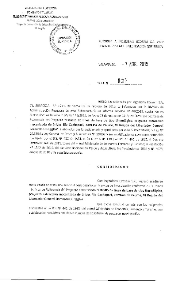 R EX N° 927-2015 Estudio de línea base de tipo limnológico, Río Cachapoal, comuna de Peumo, VI Región.