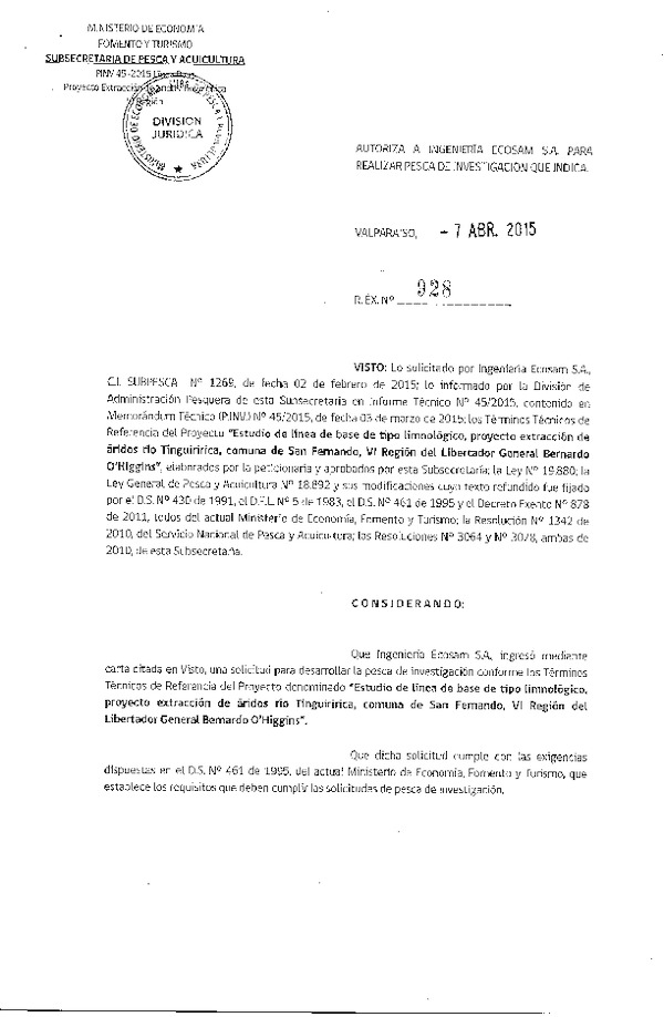 R EX N° 928-2015 Estudio de línea de base de tipo limnológico, Proyecto extracción de áridos río Tinguiririca, comuna de San Fernando, VI Región.