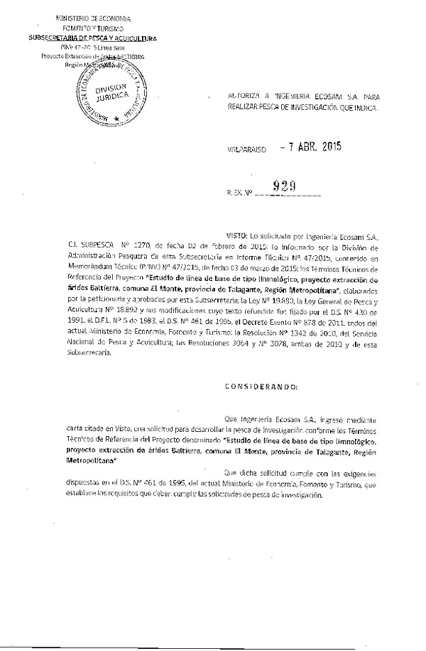 R EX N° 929-2015 Estudio de línea de base de tipo limnológico, Proyecto extracción de áridos comuna El Monte, provincia de Talagante, Región Metropolitana.