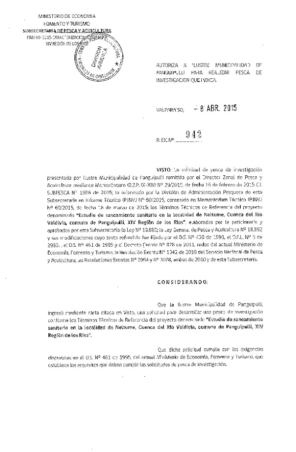 R EX N° 942-2015 Estudio de saneamiento sanitario en la localidad de Neltume, cuenca del Río Valdivia, comuna de Panguipulli, XIV Región.