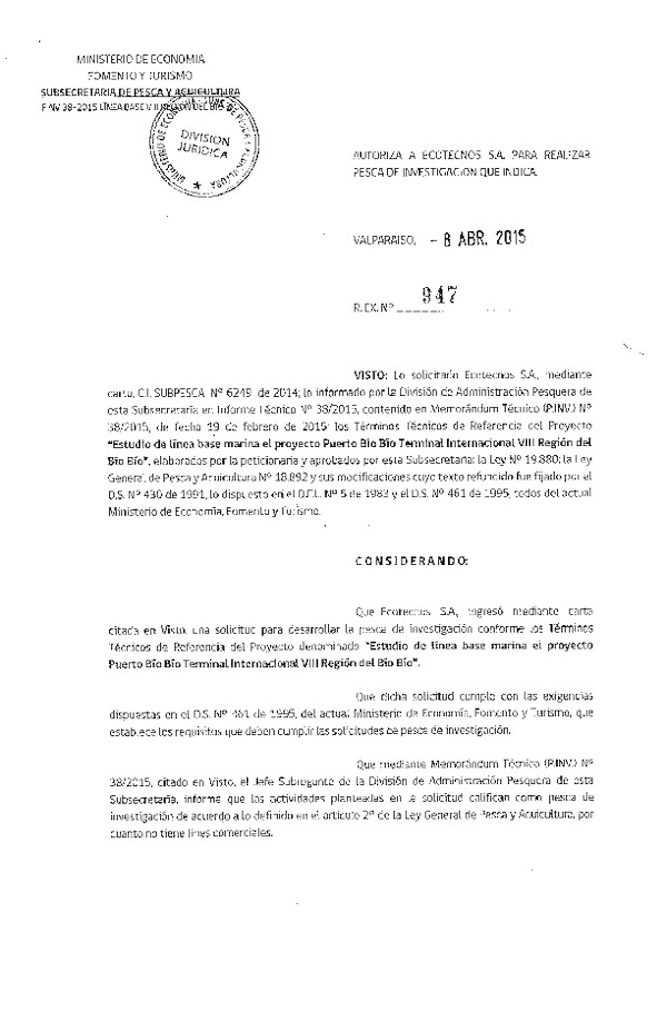 R EX N° 947-2015 Estudio de línea base marina proyecto Puerto Bío Bío, Terminal Internacional VIII Región.