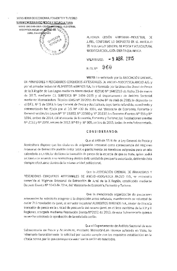 R EX N° 960-2015 Autoriza Cesión Jurel XIV-X Región.