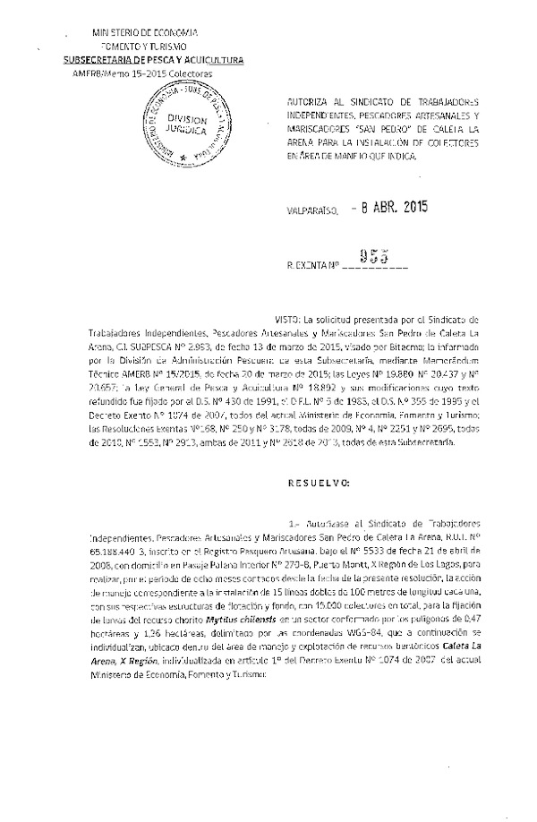 R EX N° 955-2015 INSTALACION DE COLECTORES.