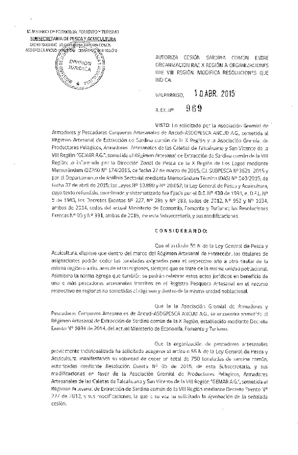 R EX N° 969-2015 Autoriza Cesión Sardina común X a VIII Región.