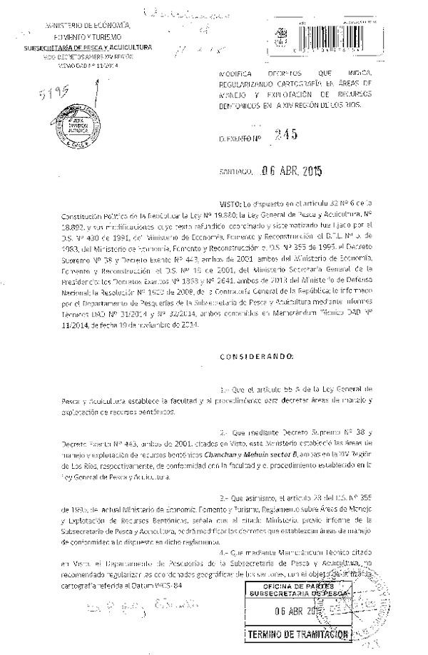 D EX N° 245-2015 MODIFICA D.S. N° 38-2001 AMERB CHANCHAN Y D EX N° 443-2001 AMERB MEHUIN SECTOR B XIV REGION. (Publicado en Diario Oficial 11-04-2015)