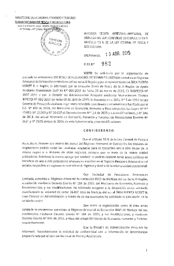 R EX N° 982-2015 Autoriza cesión Merluza del sur, XI-X Región.