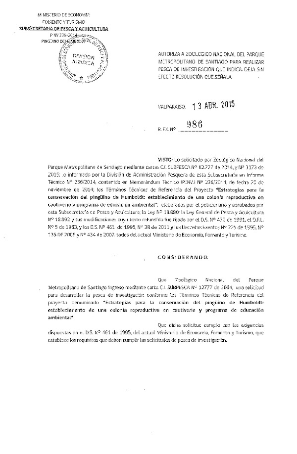 Res. Ex. N° 986-2015 Estrategias para la Conservación del Pingûino de Humboldt IV Región. Deja sin efecto Res. Ex. N° 3637-2014.