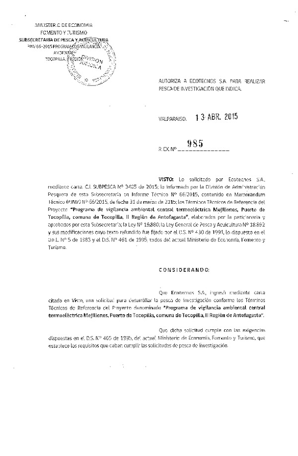 R EX N° 985-2015 Programa de vigilancia ambiental central termoeléctrica Mejillones, Puerto de Tocopilla, II Región.