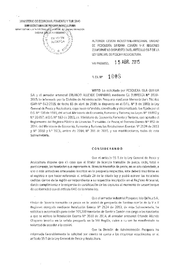 R EX N° 1008-2015 Autoriza cesión Sardina común, VIII Región.