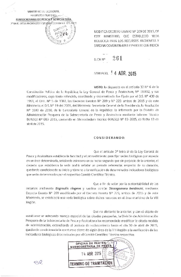 Dec. Ex. N° 261-2015 Modifica Dec. Ex. N° 209-2015 Que Establece Veda Biológica para los recursos Anchoveta y Sardina Común, VIII Región. (Publicado en Diario Oficial 17-04-2015)