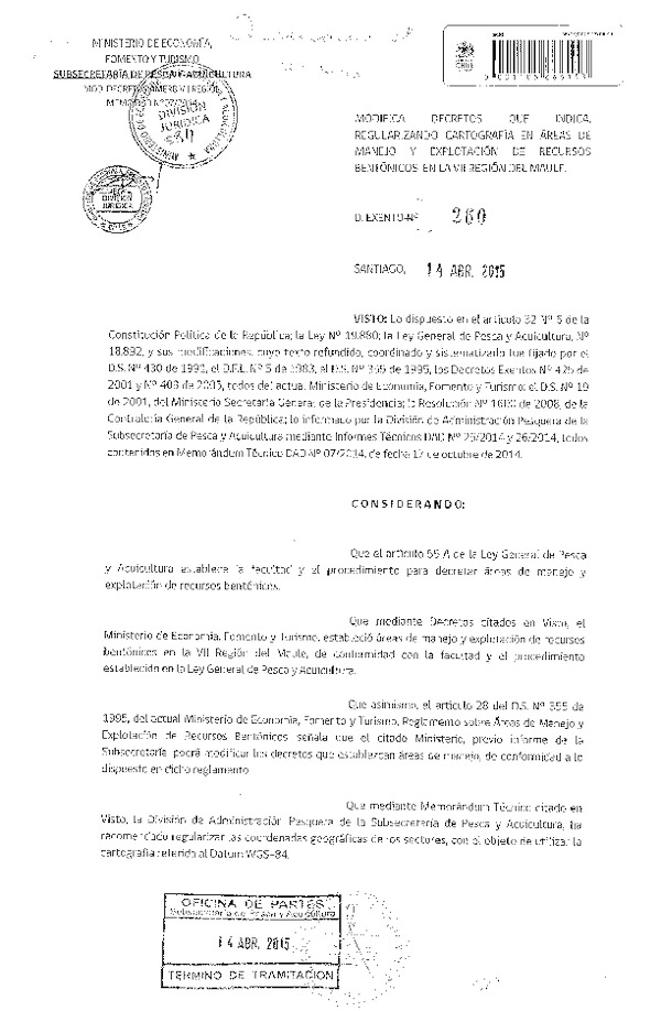 Dec. Ex. N° 260-2015 Modiifca Dec. Ex. N° 425-2001 AMERB Mariscadero y Dec. Ex. N° 409-2005 AMERB Faro Carranza, VII Rregión. (Publicado en Diario Oficial 21-04-2015)