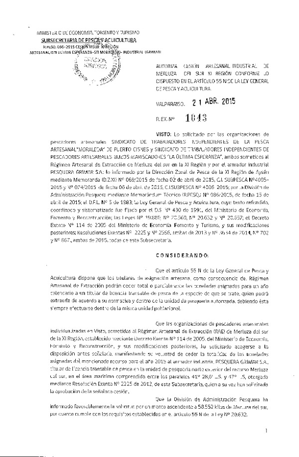 Res. Ex. N° 1043-2015 Autoriza cesión Merluza del sur XI Región.