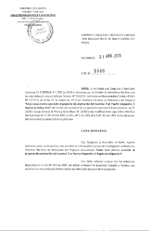 Res. Ex. N° 1046-2015 Línea base marina asociado al proyecto de ampliación del terminal 2, en puerto Valaparaíso V Región.