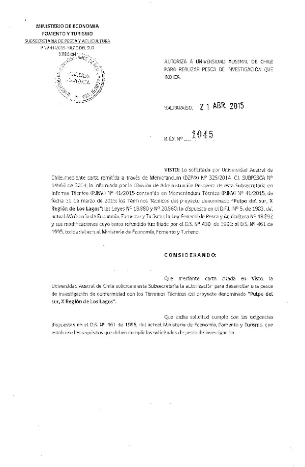 Res. Ex. N° 1045-2015 Pulpo del sur, X Región.