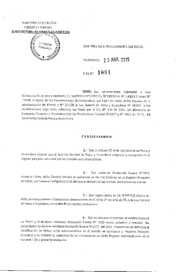 Res. Ex. N° 1091 Da Término a Procedimiento Administrativo de Reclamaciones.