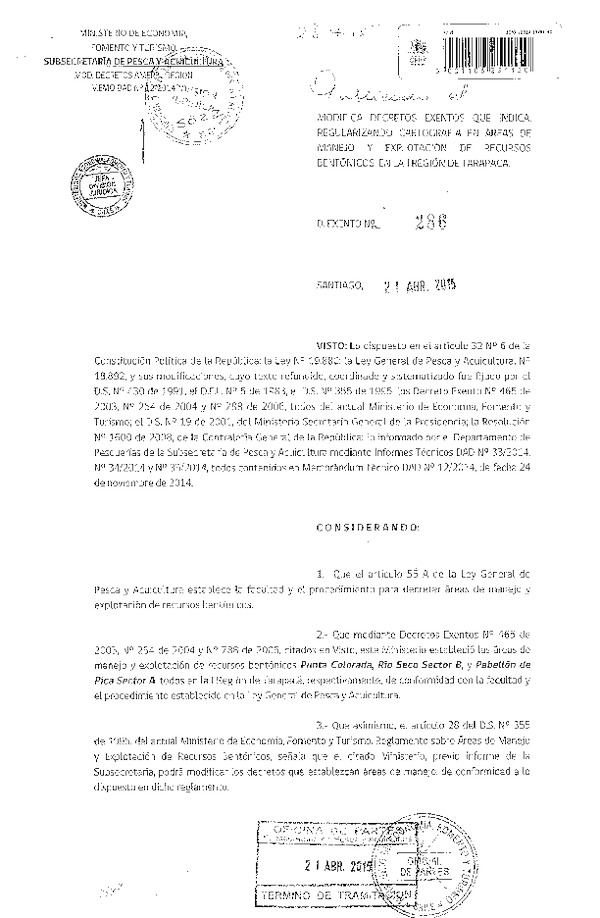 Dec. Ex. N° 286-2015 Modifica Dec. Ex. N° 465-2003, N° 254-2004 y N° 788-2006 Áreas de Manejo, Regularizando Cartografía, I Región. (F.D.O. 28-04-2015)