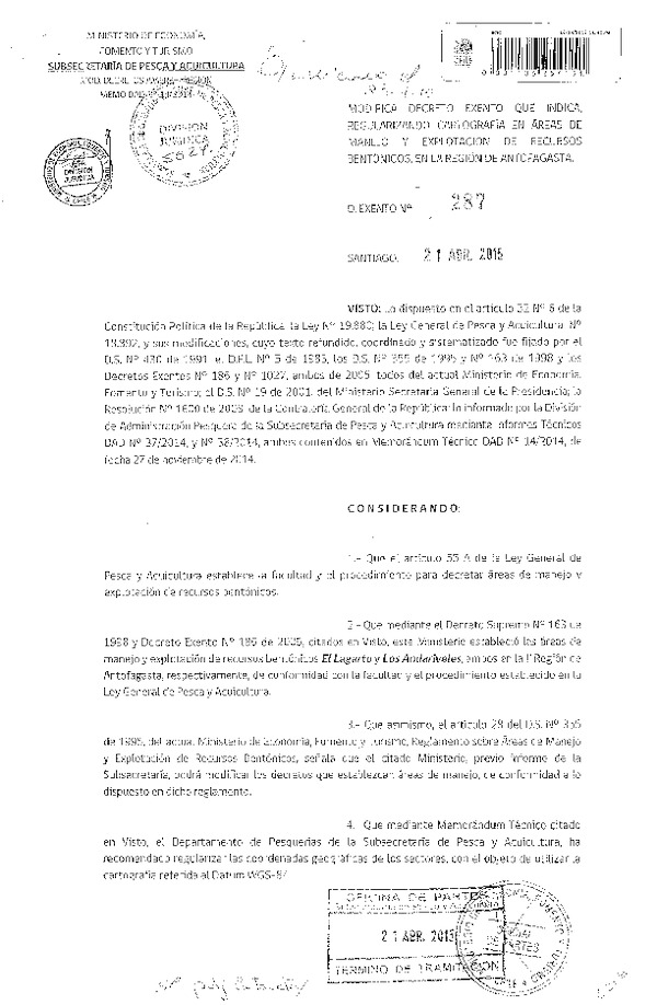 Dec. Ex. N° 287-2015 Modifica Dec. Ex. N° 163-1998 y N° 186-2005 Áreas de Manejo El Lagarto y Los Andariveles, Regularizando Cartografía, II Región. (F.D.O. 28-04-2015)