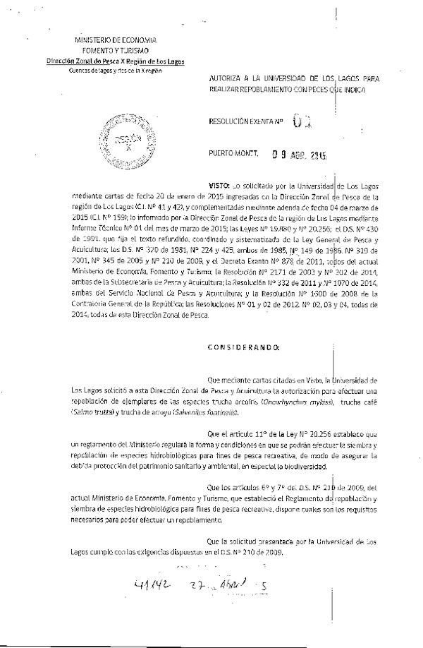 Res. Ex. N° 1-2015 DZP X Región, Autoriza Repoblamiento de Peces. (F.D.O. 27-04-2015)