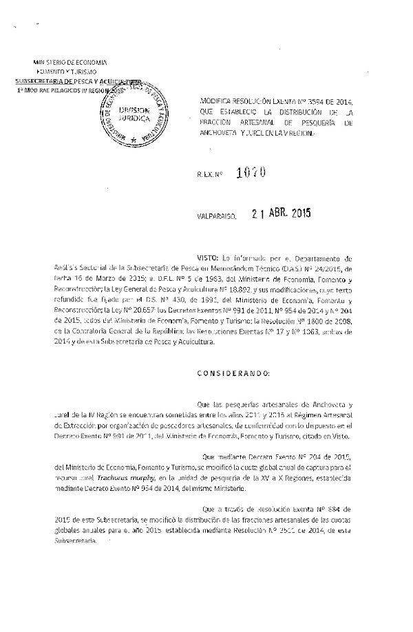 Res. Ex. N° 1070-2015 Modifica Res. Ex. N° 3594-2014 Distribución de la Fracción Artesanal de la Cuota Global Anual de Captura Anchoveta y Jurel, IV Región. (F.D.O. 29-04-2015)