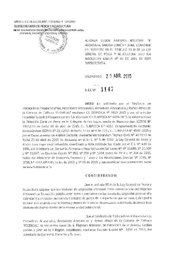 Res. Ex. N° 1147-2015 Autoriza Cesión Anchoveta, sardina común y jurel, X Región.
