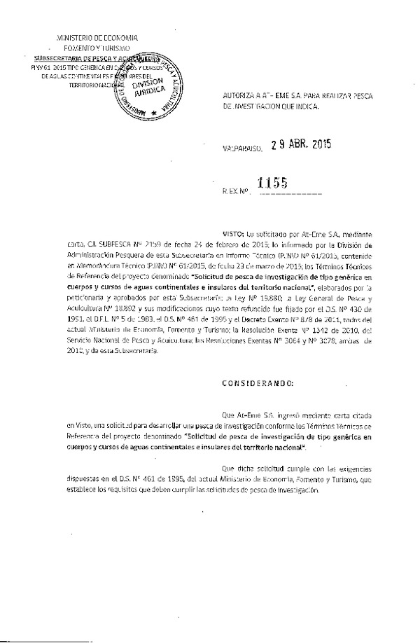 R EX N° 1155-2015 Solicitud de Pesca de investigación de tipo genérica en cuerpos y cursos de aguas continentales e insulares del territorio nacional.